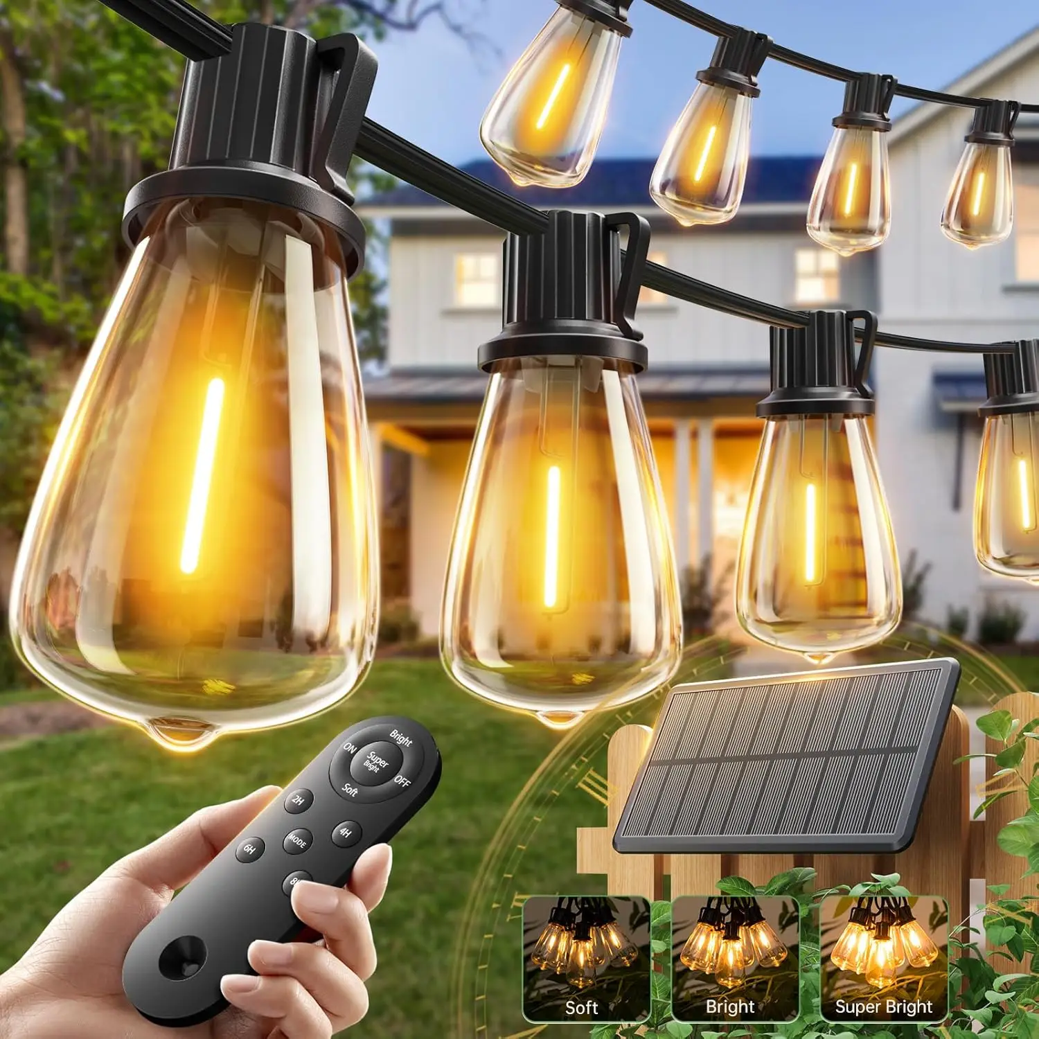 52FT Solar String Lights with Remote & USB, 16+1 Shatterproof Bulbs, 3 Modes, Dimmable for Patio Garden Camping
52FT Solar String Lights with Remote & USB, 16+1 Shatterproof Bulbs, 3 Modes, Dimmable for Patio Garden Camping