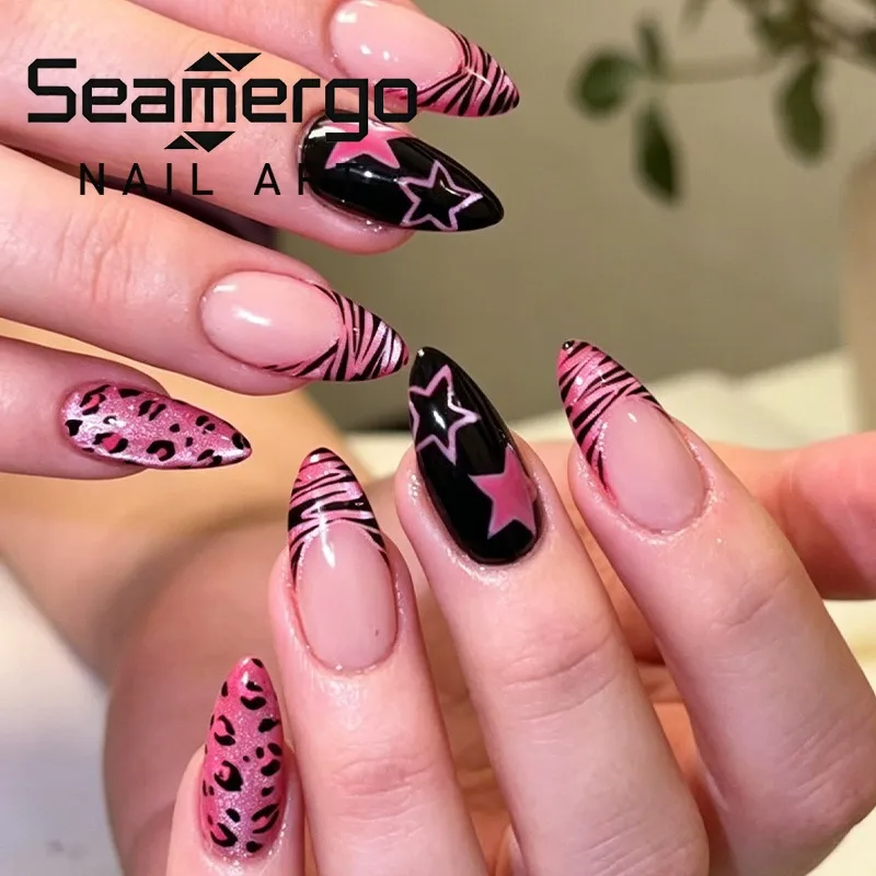 24PCS Shiny Pink French Press on Nails Black Leopard Print Star Almond Fake Nails for Spice Girls Y2k Simple Ins Nails Wearable
24PCS Shiny Pink French Press on Nails Black Leopard Print Star Almond Fake Nails for Spice Girls Y2k Simple Ins Nails Wearable