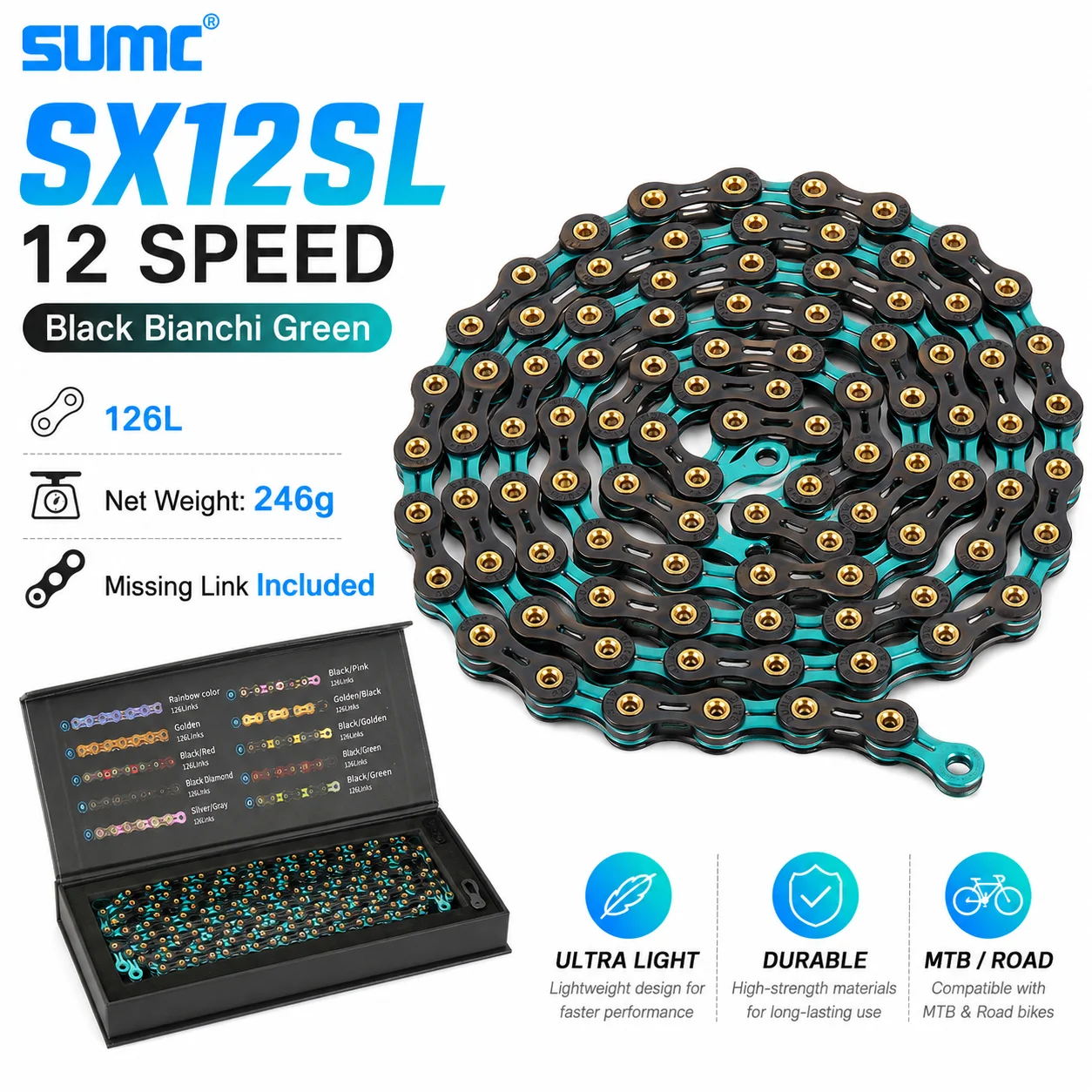 SUMC SX12SL Bicycle Chain 12 Speed Black Diamond Series Full Hollow Ultra Light 252g MTB Road Bike Chain with Missing Link
SUMC SX12SL Bicycle Chain 12 Speed Black Diamond Series Full Hollow Ultra Light 252g MTB Road Bike Chain with Missing Link
