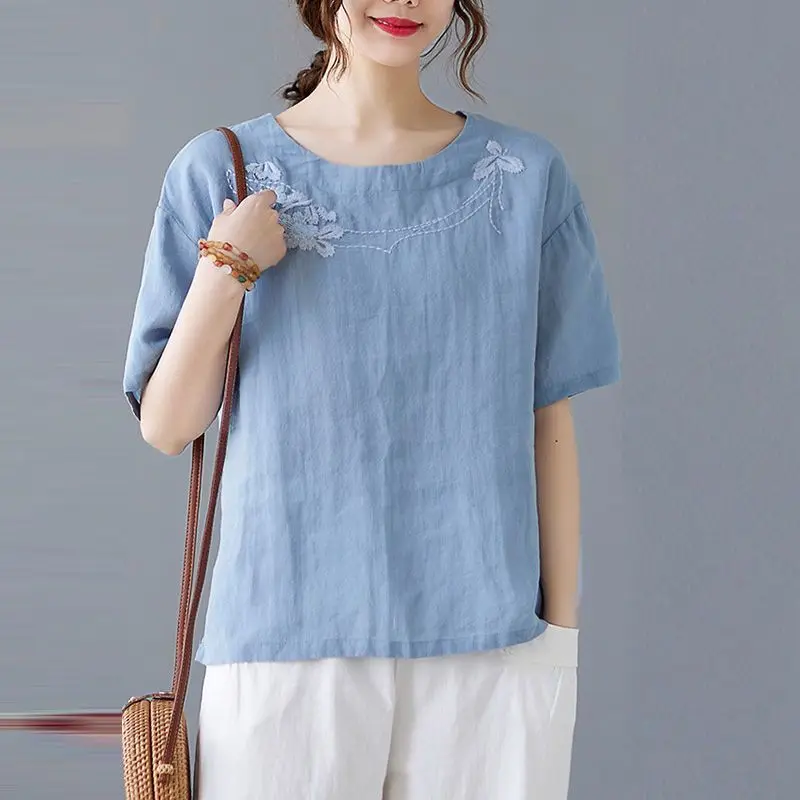 Retro Heavy Industry Embroidered Cotton Linen Short-sleeved Shirt for Women Summer Loose Slim Casual Versatile Linen T-shirt
Retro Heavy Industry Embroidered Cotton Linen Short-sleeved Shirt for Women Summer Loose Slim Casual Versatile Linen T-shirt