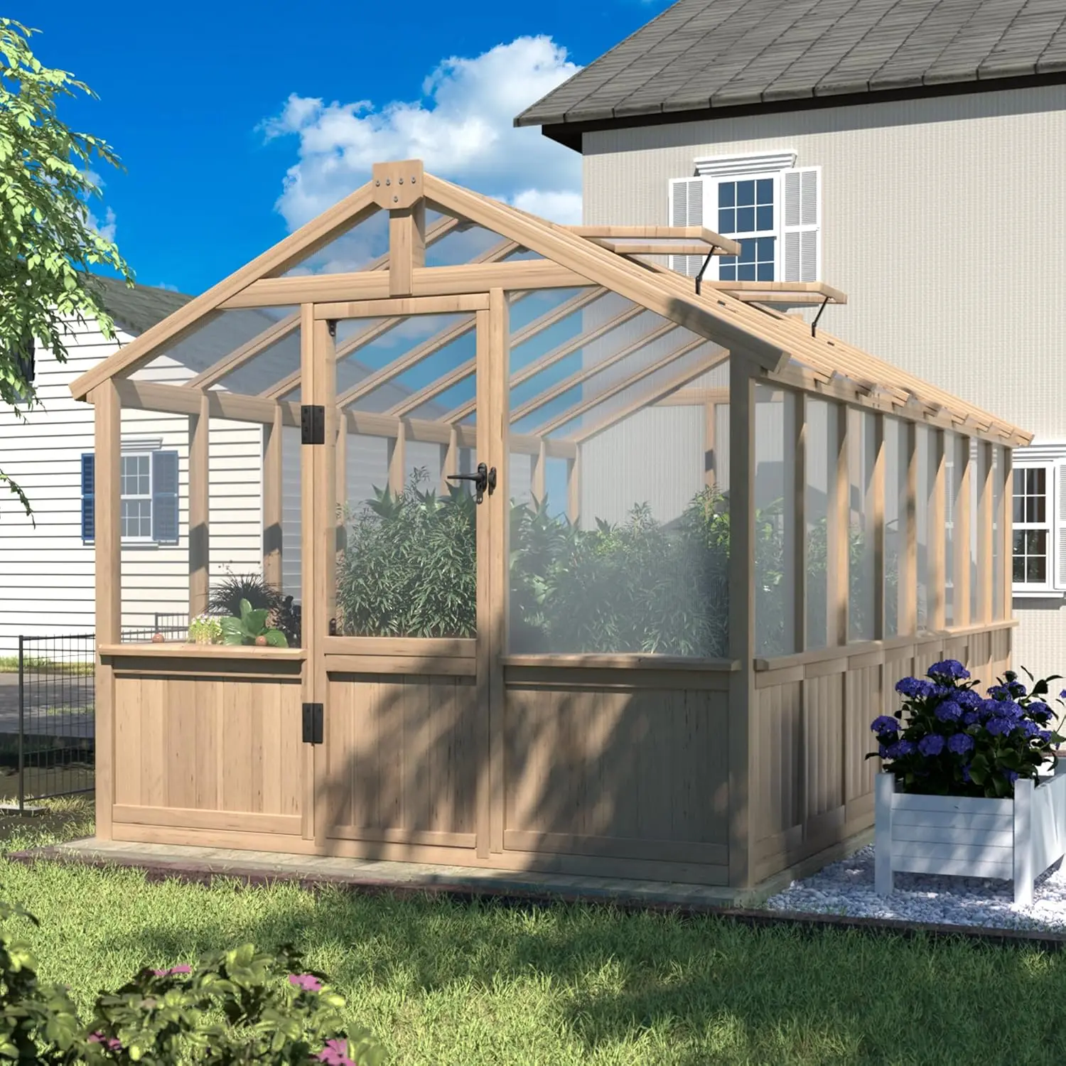 Green House with 6MM Thick Polycarbonate Panel, Walk-in Wood Greenhouse with Cedar Frame Adjustable Vents for Outside
Green House with 6MM Thick Polycarbonate Panel, Walk-in Wood Greenhouse with Cedar Frame Adjustable Vents for Outside