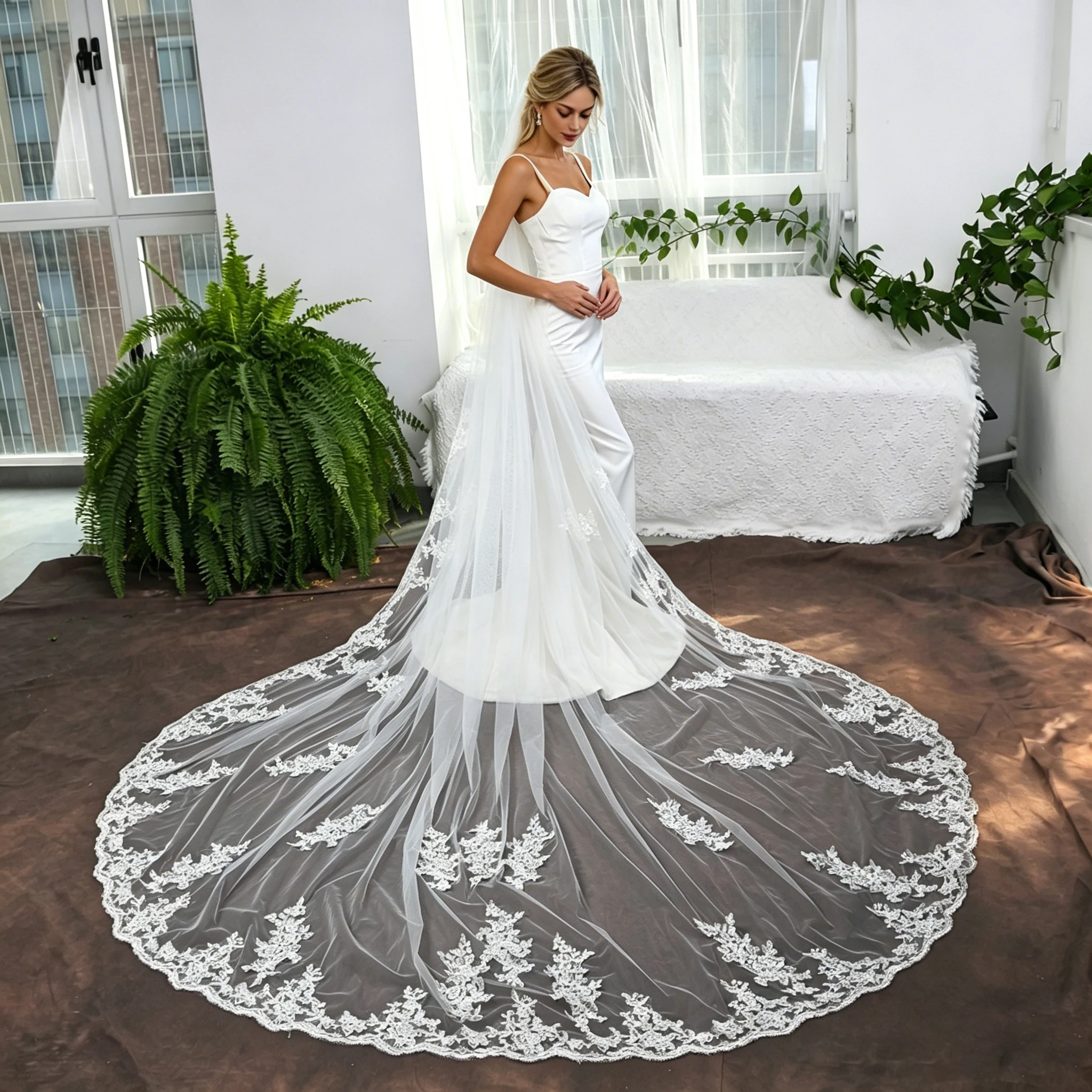 Cathedral Long Bridal Veil Floral Lace Romantic Wedding Veil with Comb 1 Tier Soft Tulle Trailing Veil Accessory for Bride G67
Cathedral Long Bridal Veil Floral Lace Romantic Wedding Veil with Comb 1 Tier Soft Tulle Trailing Veil Accessory for Bride G67