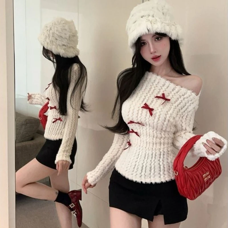 Sweet Bow Knitted Pullover Off Shoulder Sexy Tops Women 2025 New Y2k Long Sleeve Slim Fit Sweaters Korean Style Kawaii Pullovers
Sweet Bow Knitted Pullover Off Shoulder Sexy Tops Women 2025 New Y2k Long Sleeve Slim Fit Sweaters Korean Style Kawaii Pullovers