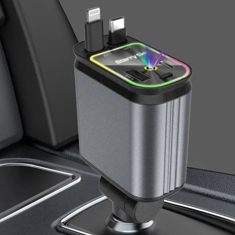 Fast Charging Car Charger with Retractable Multi-Device Cable Ambient Lighting Car Charger Port Type C Igniter Phone Adapter
Fast Charging Car Charger with Retractable Multi-Device Cable Ambient Lighting Car Charger Port Type C Igniter Phone Adapter