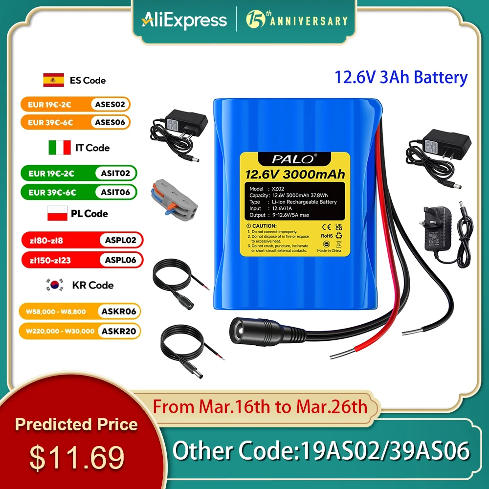 PALO 12.6V 3Ah Rechargeable 3000mAh Lithium ion Battery Pack with Fast Charging Charger for 12.6V Devices RC Car Boat DIY Robot
PALO 12.6V 3Ah Rechargeable 3000mAh Lithium ion Battery Pack with Fast Charging Charger for 12.6V Devices RC Car Boat DIY Robot