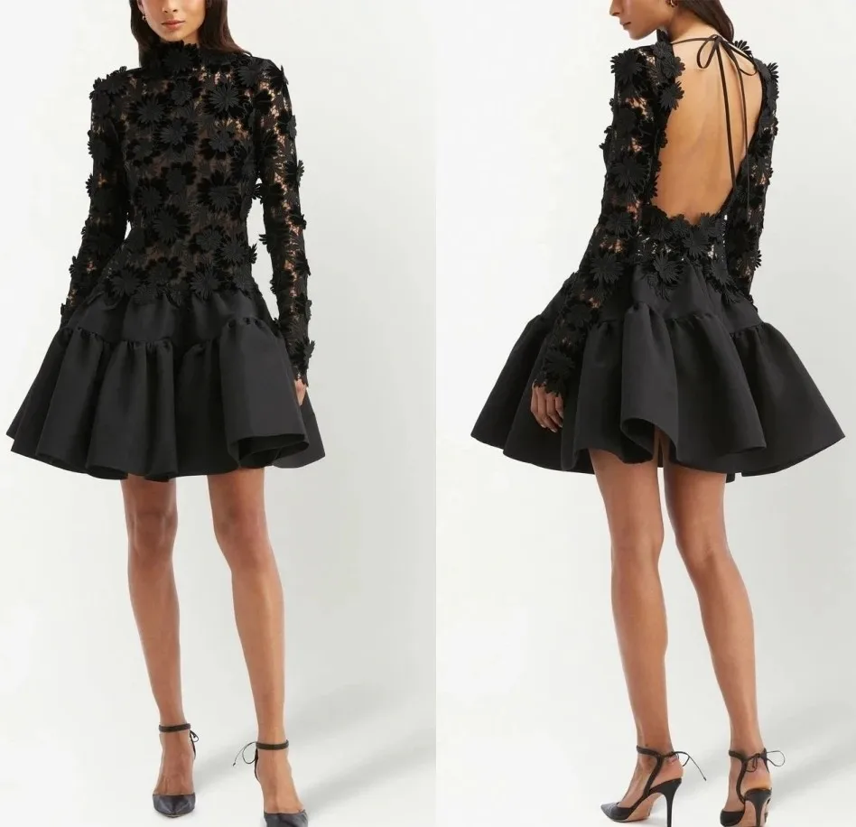 Fashion Black Short Prom Dress 2026 High Neck 3D Flowers A-line Satin Lace Homecoming Party Gowns Christmas Dresses
Fashion Black Short Prom Dress 2026 High Neck 3D Flowers A-line Satin Lace Homecoming Party Gowns Christmas Dresses