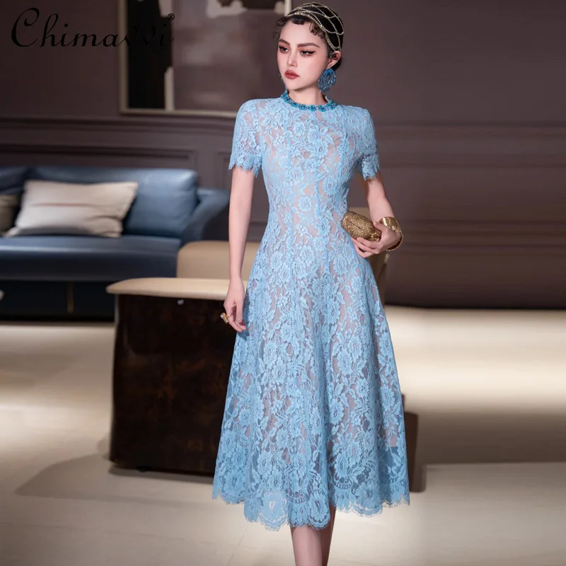 Heavy Diamond Round Neck Lace Crochet Big Pendulum Waist Red and Blue Short-sleeved Dress Summer New Fashion Elegant Party Dress
Heavy Diamond Round Neck Lace Crochet Big Pendulum Waist Red and Blue Short-sleeved Dress Summer New Fashion Elegant Party Dress
