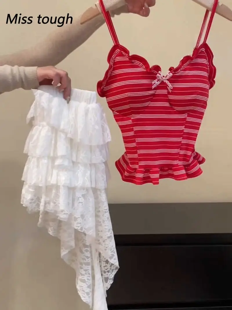 Summer Women Two Piece Set Red Striped Camisole Top and White Lace Ruffle Skirt Slim Fit Sweet Style Fashion Outfit Y2K Look New
Summer Women Two Piece Set Red Striped Camisole Top and White Lace Ruffle Skirt Slim Fit Sweet Style Fashion Outfit Y2K Look New