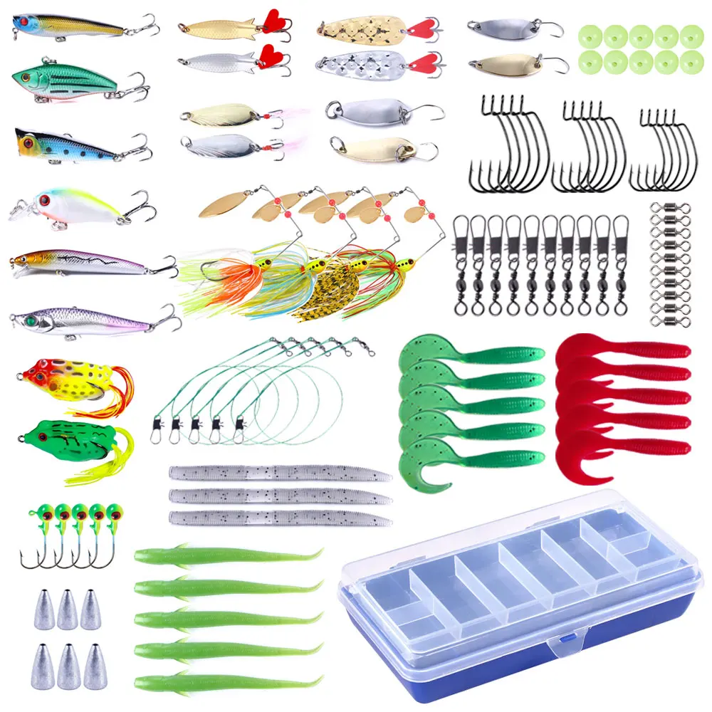 101pcs Mixed Fishing Lure Set Kit with Tackle Box Minnow Popper VIB Metal Spoon Soft Worm Bait Jig Head Hooks Saltwater pesca
101pcs Mixed Fishing Lure Set Kit with Tackle Box Minnow Popper VIB Metal Spoon Soft Worm Bait Jig Head Hooks Saltwater pesca