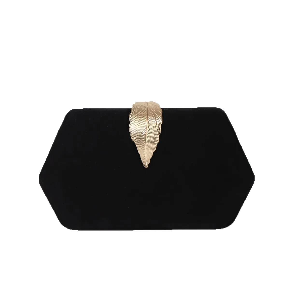 Women's Black Velvet Clutch Bag with Gold Leaf Accent - Hexagonal Evening Bag with Chain Strap, Elegant Party & Formal Accessory
Women's Black Velvet Clutch Bag with Gold Leaf Accent - Hexagonal Evening Bag with Chain Strap, Elegant Party & Formal Accessory