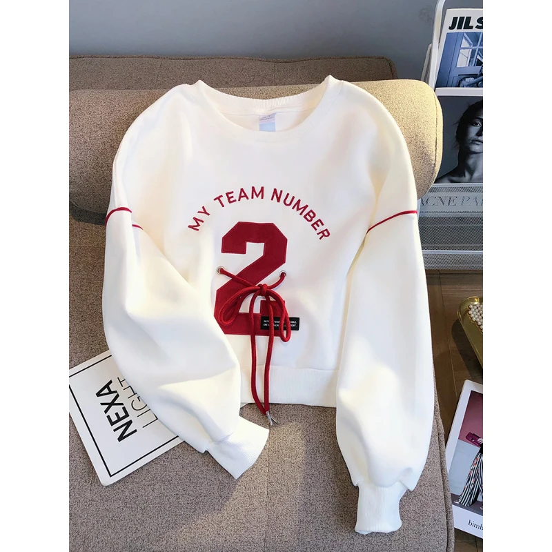Korean Style Letter Embroidery Loose Pullovers Fashionable Drawstring Lace-Up O-Neck Short Sweatshirts Casual All-Matched Tops
Korean Style Letter Embroidery Loose Pullovers Fashionable Drawstring Lace-Up O-Neck Short Sweatshirts Casual All-Matched Tops