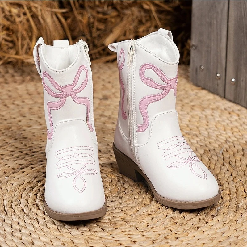 White Pink Butterfly knot Embroidery Western Boots Kid Girl Leather Mid-Calf Booties Child Round Toe Heeled Zipper Cowboy Botas
White Pink Butterfly knot Embroidery Western Boots Kid Girl Leather Mid-Calf Booties Child Round Toe Heeled Zipper Cowboy Botas