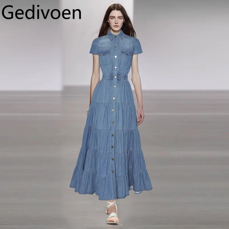 Gedivoen Denim Lapel Short Sleeved Single Breasted Waist Cinching Long Style Slimming Denim Dress 2025 New Item
Gedivoen Denim Lapel Short Sleeved Single Breasted Waist Cinching Long Style Slimming Denim Dress 2025 New Item