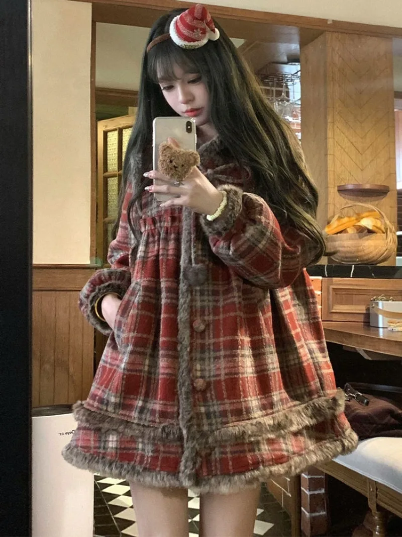 Women's Coat Red Plaid Imitation Rabbit Hair Patch Woolen Outer Long Sleeves Turndown Collar Single-breasted Pocket Jacket
Women's Coat Red Plaid Imitation Rabbit Hair Patch Woolen Outer Long Sleeves Turndown Collar Single-breasted Pocket Jacket