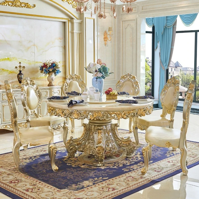 European round marble dining table hand-carved solid wood dining table French villa leather
European round marble dining table hand-carved solid wood dining table French villa leather