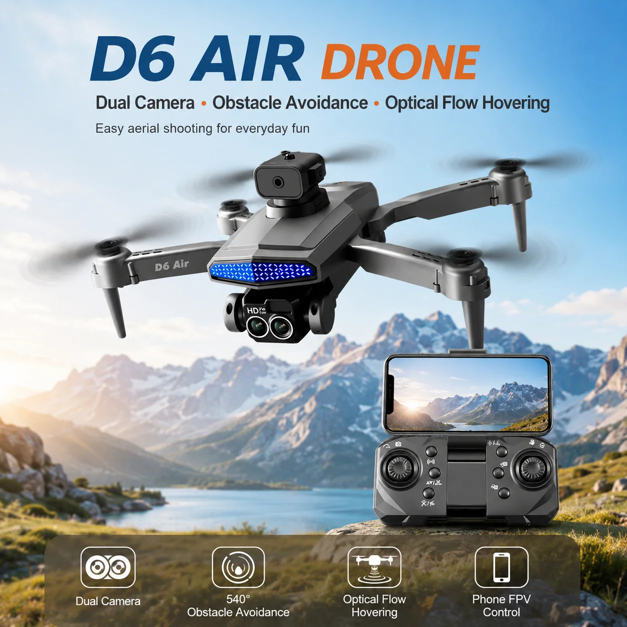 ZNLYRION D6 Air Foldable RC Drone 4K Dual Camera WiFi FPV Quadcopter with Optical Flow Hovering 540° Obstacle Avoidance 50X Zoom 2.4GHz 4CH Remote Control Drone with Storage Bag
ZNLYRION D6 Air Foldable RC Drone 4K Dual Camera WiFi FPV Quadcopter with Optical Flow Hovering 540° Obstacle Avoidance 50X Zoom 2.4GHz 4CH Remote Control Drone with Storage Bag