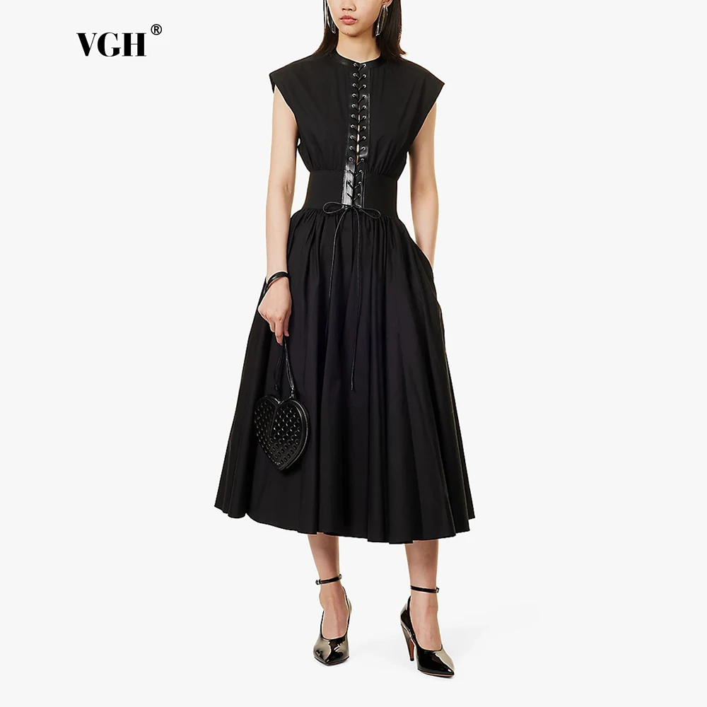 VGH solid spliced lace up slimming dresses For women round neck sleeveless high waist draped temperament dress female style new
VGH solid spliced lace up slimming dresses For women round neck sleeveless high waist draped temperament dress female style new