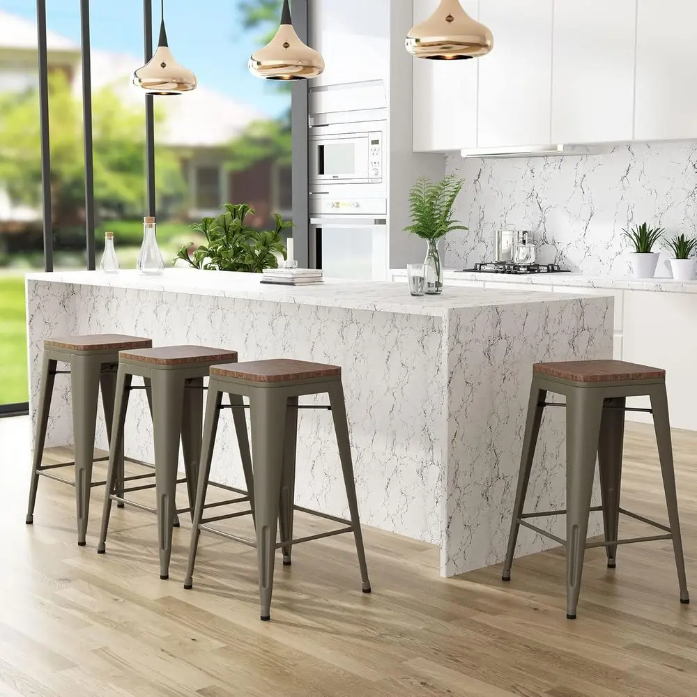Set of 4 Stackable Metal Bar Stools with Wooden Seats, Industrial Style, 30 Height
Set of 4 Stackable Metal Bar Stools with Wooden Seats, Industrial Style, 30 Height
