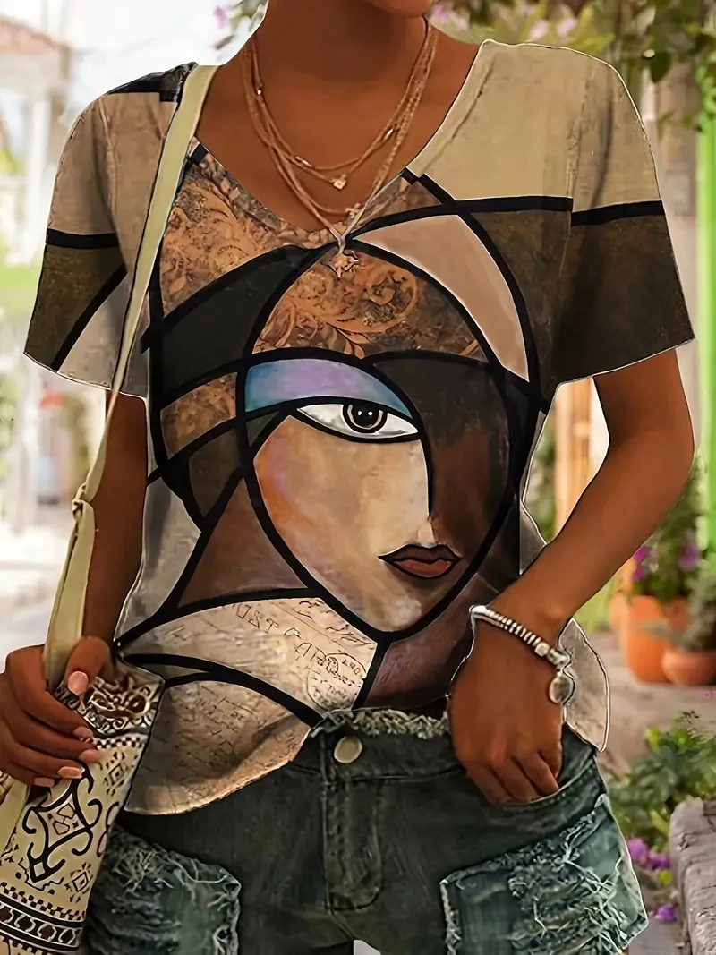 Women's T-shirt Summer Outdoor Daily V-neck Tops Short Sleeve Classic Printed Patterns Large Size Loose Women's Clothing T-Shirt
Women's T-shirt Summer Outdoor Daily V-neck Tops Short Sleeve Classic Printed Patterns Large Size Loose Women's Clothing T-Shirt