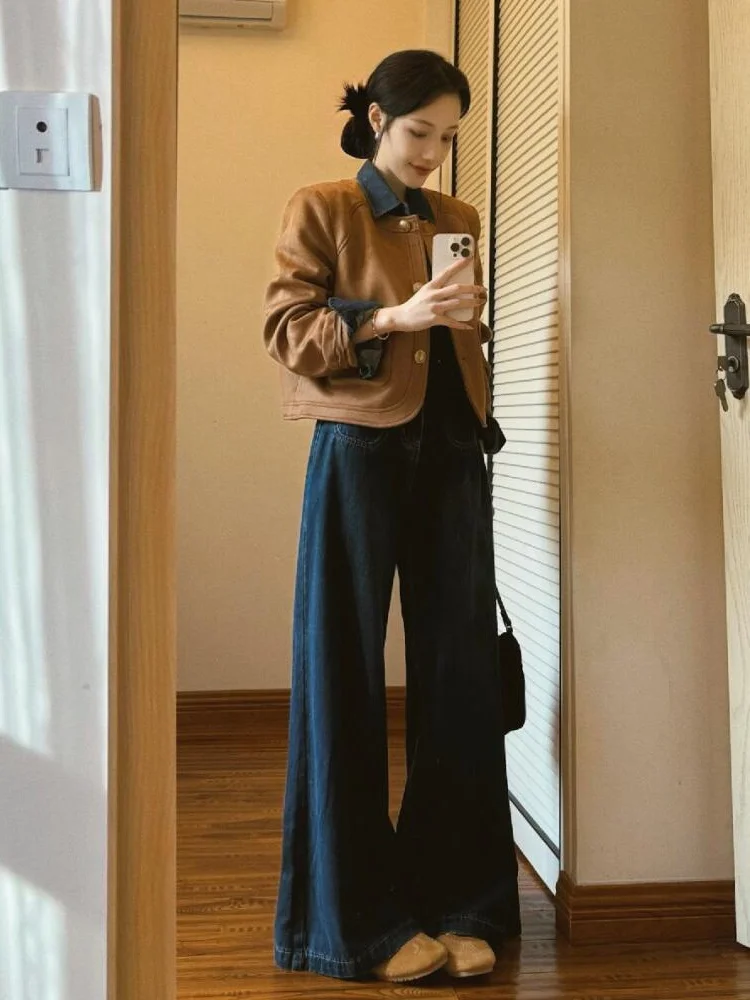 American Retro High Waist Double Buckle Wide Leg Jeans Women's Autumn Winter New Loose Slimming Draping Straight Long Pants
American Retro High Waist Double Buckle Wide Leg Jeans Women's Autumn Winter New Loose Slimming Draping Straight Long Pants