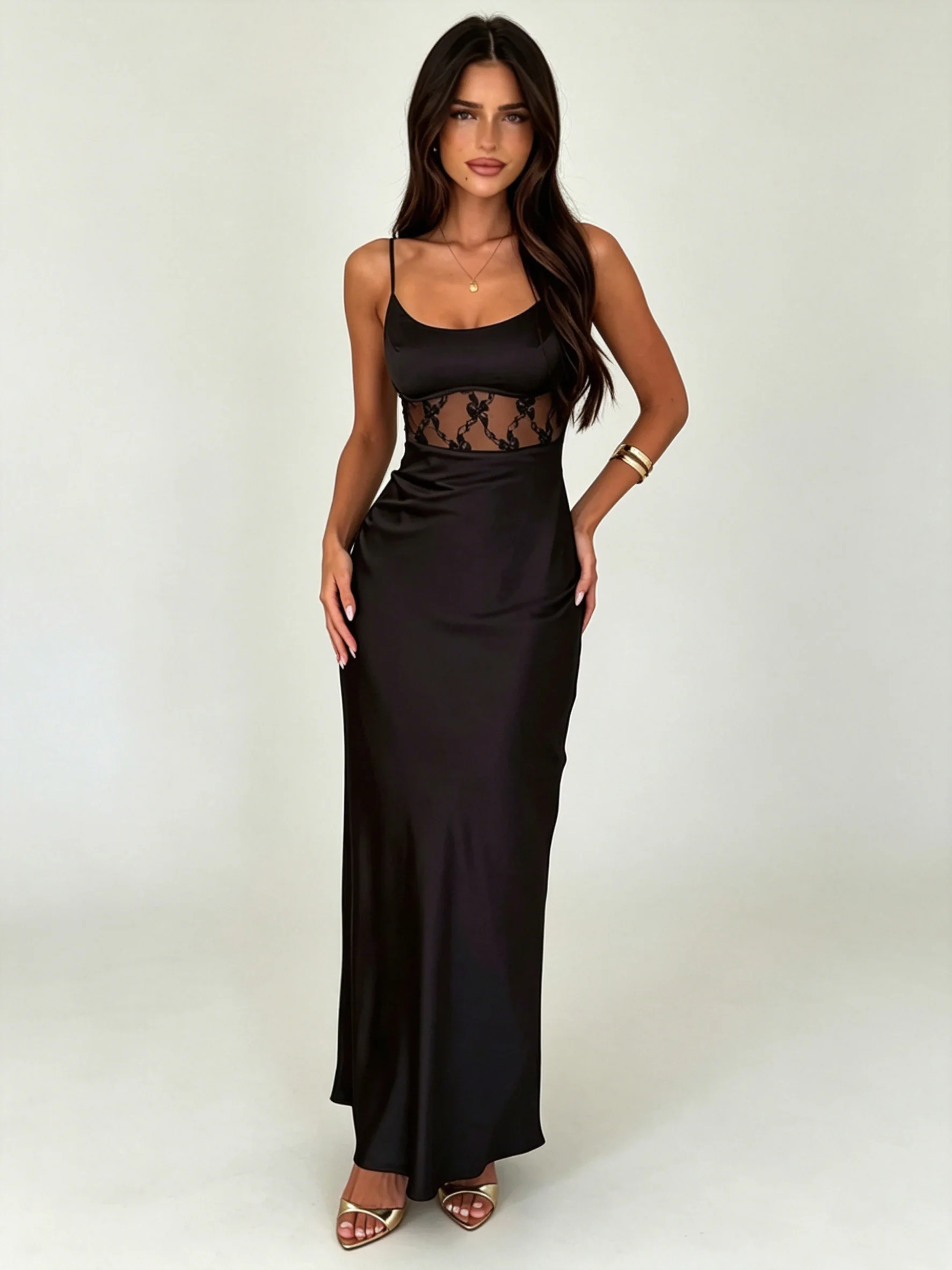 Elegant Lace Patchwork Spaghetti Strap Dress Women's Slim Sleeveless Empire Waist Hollow Out Long Evening Party Dresses
Elegant Lace Patchwork Spaghetti Strap Dress Women's Slim Sleeveless Empire Waist Hollow Out Long Evening Party Dresses