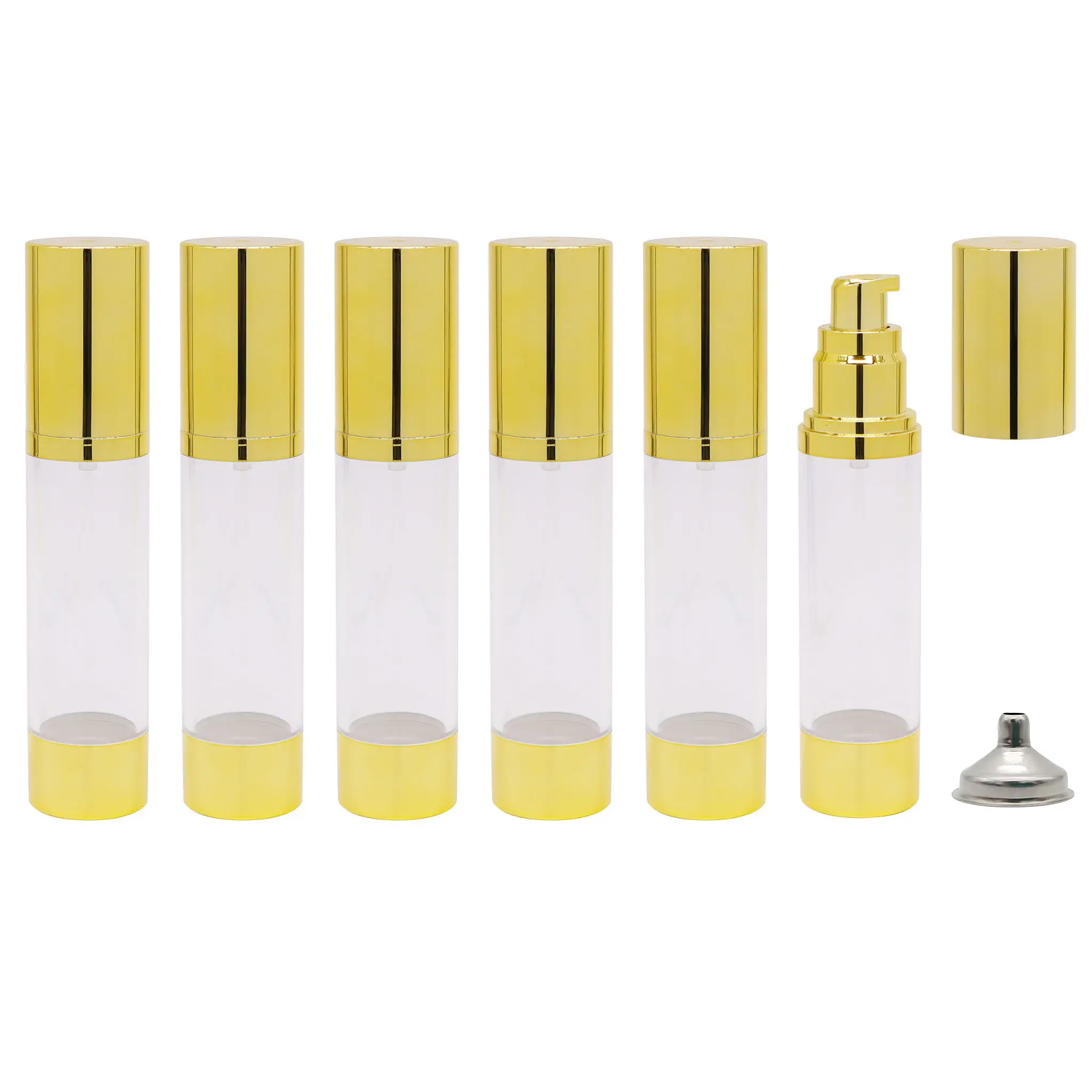 6Pcs 30ml/50ml Clear Gold Airless Pump Bottles Travel Size Cosmetic Lotion Cream Dispenser Refillable Cosmetic Containers
6Pcs 30ml/50ml Clear Gold Airless Pump Bottles Travel Size Cosmetic Lotion Cream Dispenser Refillable Cosmetic Containers