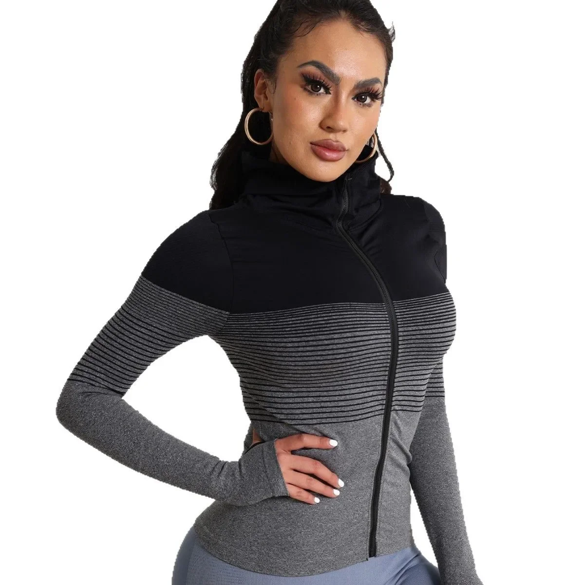 Женская облегающая тренировочная куртка на молнии — влагоотводящий топ для йоги с длинными рукавами для тренажерного зала, бега и тренировок (черно-серый)
Женская облегающая тренировочная куртка на молнии — влагоотводящий топ для йоги с длинными рукавами для тренажерного зала, бега и тренировок (черно-серый)