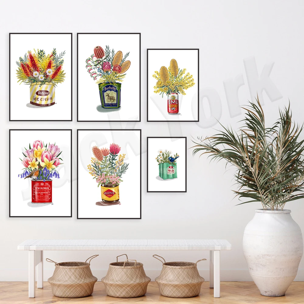 Flowers in tin can, biscuit flower, camellia, australia, daisy wren, beer and banksia, illustration, art poster home decor
Flowers in tin can, biscuit flower, camellia, australia, daisy wren, beer and banksia, illustration, art poster home decor