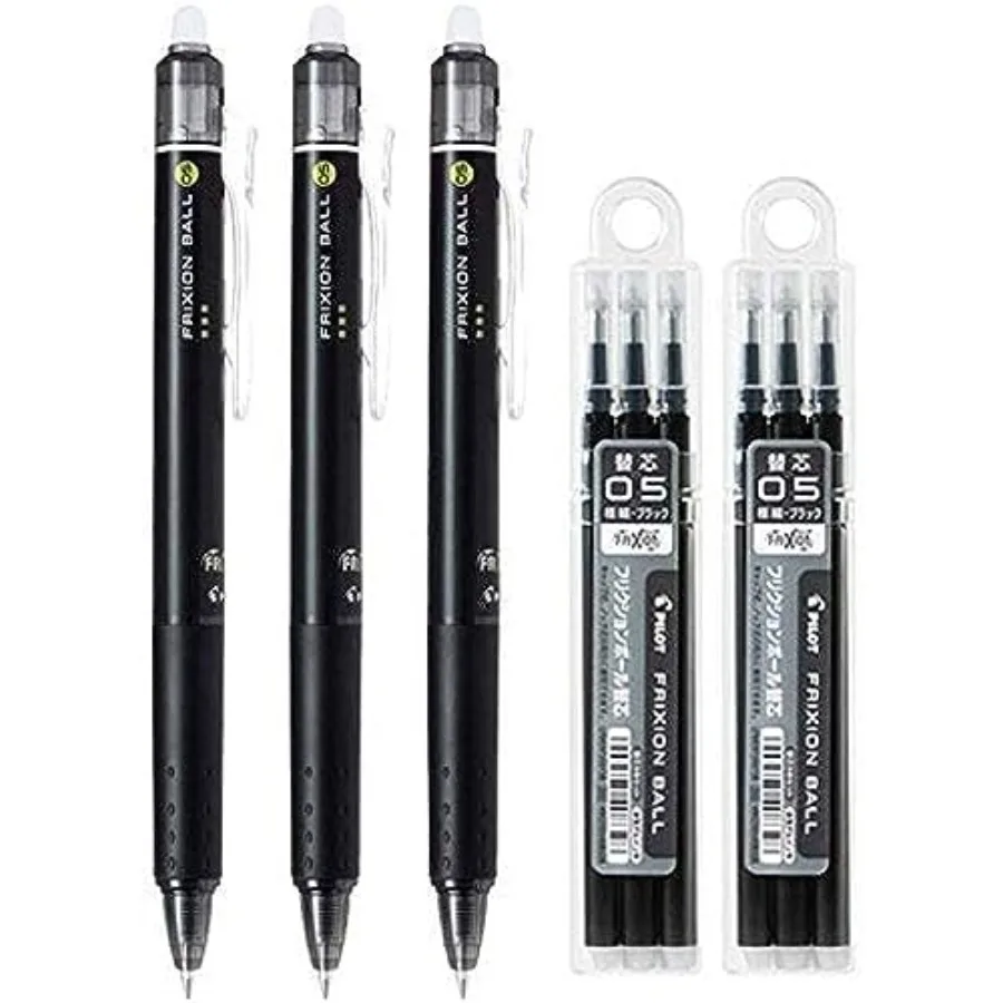 FriXion Ball Knock Retractable Erasable Gel Ink Pens, Extra Fine Point 0.5mm, Black Ink, 3 Pens and 6 Refills Value Set
FriXion Ball Knock Retractable Erasable Gel Ink Pens, Extra Fine Point 0.5mm, Black Ink, 3 Pens and 6 Refills Value Set