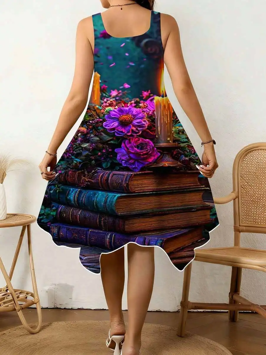 Women Sleeveless Square Neck Dress With Asymmetrical Hem, Enchanted Books And Blooms Print, For Casual Literary Outfits
Women Sleeveless Square Neck Dress With Asymmetrical Hem, Enchanted Books And Blooms Print, For Casual Literary Outfits
