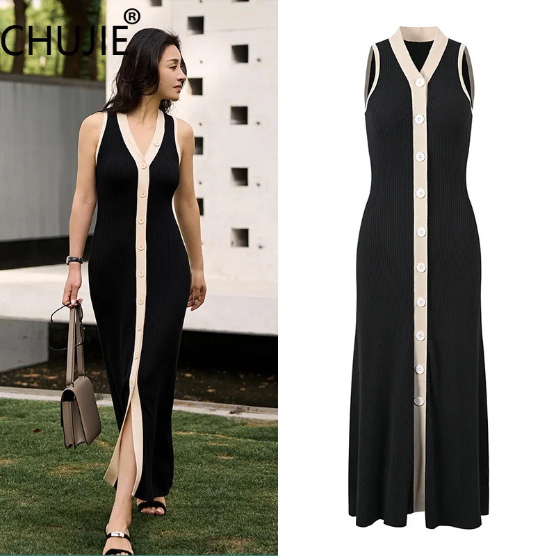 CHUJIE Women's Summer Dress 2025 New French Style Elegant Long Dress Black And White Contrast V-neck Sleeve Free Knitted Dress
CHUJIE Women's Summer Dress 2025 New French Style Elegant Long Dress Black And White Contrast V-neck Sleeve Free Knitted Dress