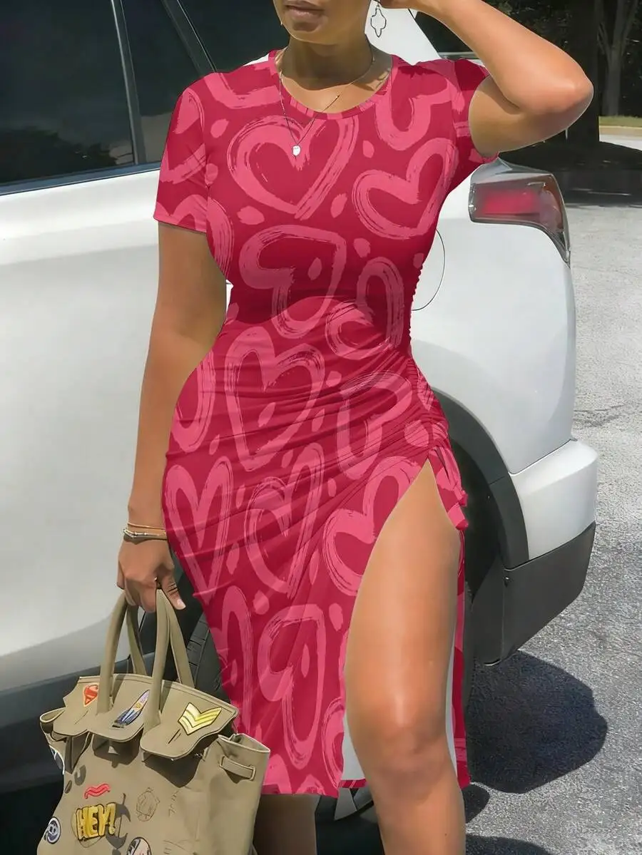 Womens Red Heart Print Dress With High Slit Hem For Everyday Wear
Womens Red Heart Print Dress With High Slit Hem For Everyday Wear