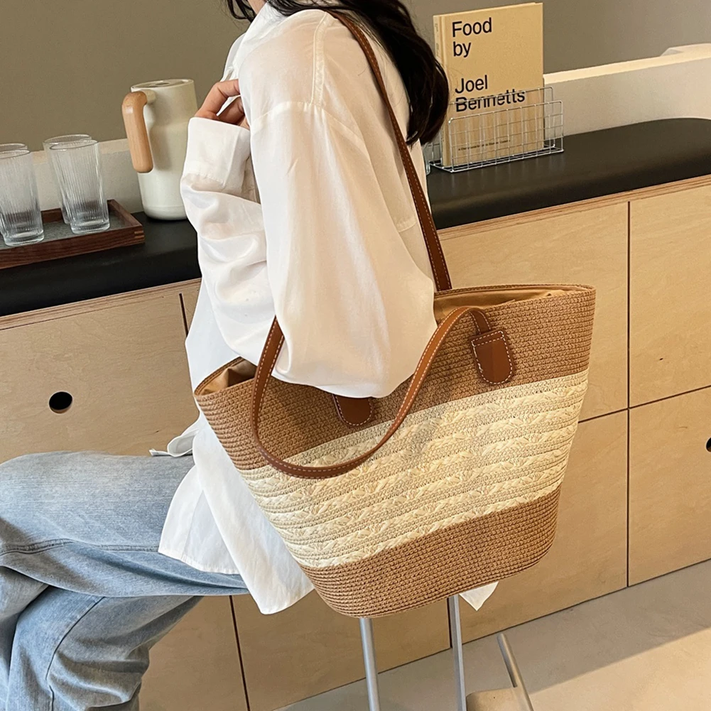 Women Fashion Tote Bag Large Capacity Stripe Woven Straw Handbag Solid Color Summer Daily Bag for Shopping Work Beach Bag
Women Fashion Tote Bag Large Capacity Stripe Woven Straw Handbag Solid Color Summer Daily Bag for Shopping Work Beach Bag
