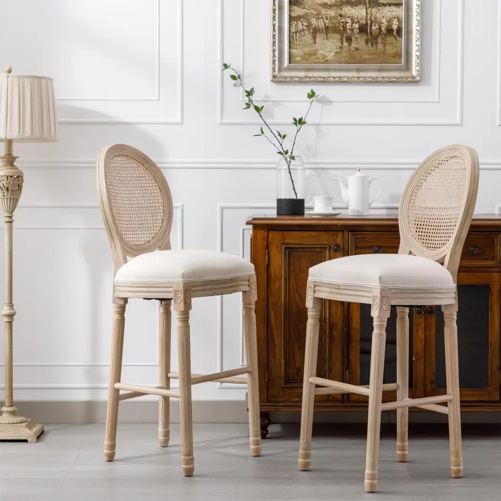 French Country Wooden Barstools Rattan Back With Upholstered Seating , Beige and Natural ,Set of 2
French Country Wooden Barstools Rattan Back With Upholstered Seating , Beige and Natural ,Set of 2