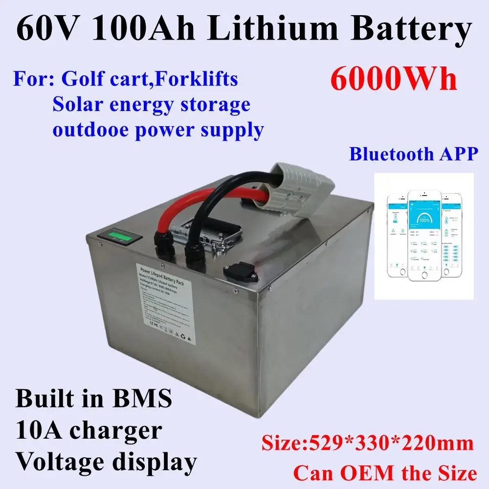 Hight Power 60V100Ah Li-ion battery with Bluetooth BMS for 5000w scooter Forklift sweeper Sightseeing car Golf cart+10A charger
Hight Power 60V100Ah Li-ion battery with Bluetooth BMS for 5000w scooter Forklift sweeper Sightseeing car Golf cart+10A charger