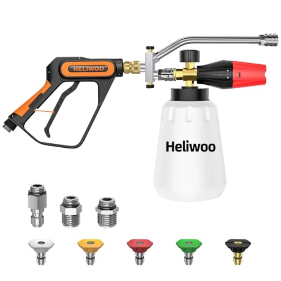 Короткий пистолет для мойки высокого давления с пенной насадкой 5000 PSI, быстроразъемное соединение 1/4 дюйма, 5 насадок для мойки высокого давления, 1 литр, с Du
Короткий пистолет для мойки высокого давления с пенной насадкой 5000 PSI, быстроразъемное соединение 1/4 дюйма, 5 насадок для мойки высокого давления, 1 литр, с Du