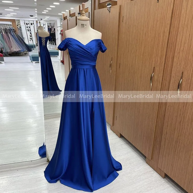 Long Royal Blue Prom Dresses Sweetheart Neckline Off the Shoulder Short Sleeve Satin A-line Formal Party Dress Lace Up Back
Long Royal Blue Prom Dresses Sweetheart Neckline Off the Shoulder Short Sleeve Satin A-line Formal Party Dress Lace Up Back
