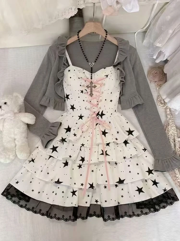Sweet Y2K Harajuku Star Print Cross Pink Ribbon Lace Ruffle Tiered 2 Piece Set Crop Gray Cardigan Mini Dress Women Party Outfit
Sweet Y2K Harajuku Star Print Cross Pink Ribbon Lace Ruffle Tiered 2 Piece Set Crop Gray Cardigan Mini Dress Women Party Outfit