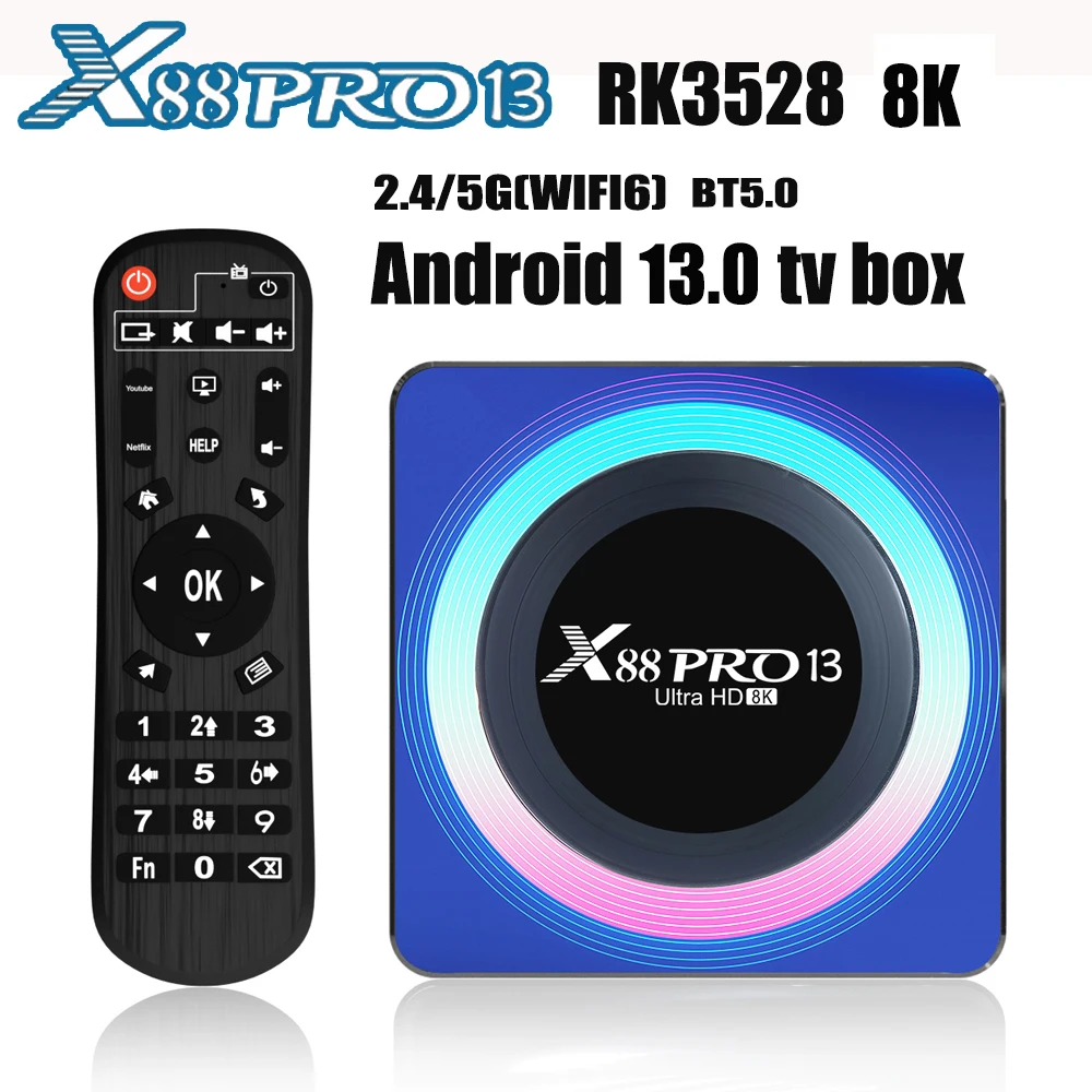 X88 PRO 13 Smart Android 13.0 TV Box Rockchip RK3528 4K 2.4G 5G Wifi 6 64G 32GB 16GB BT5.0 8K Global
X88 PRO 13 Smart Android 13.0 TV Box Rockchip RK3528 4K 2.4G 5G Wifi 6 64G 32GB 16GB BT5.0 8K Global