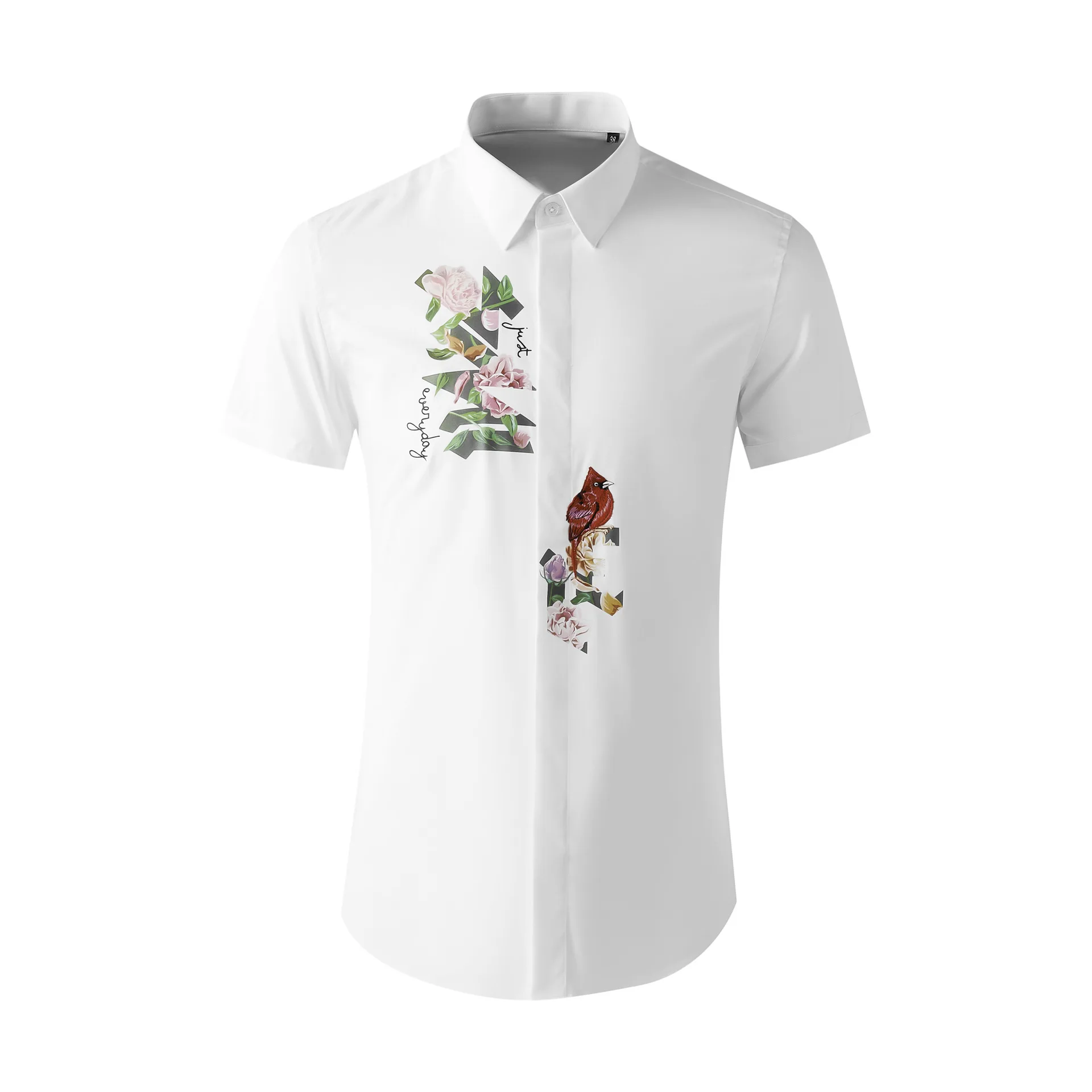 Summer Short sleeved Colorful Letter Red Bird Slim Fit Shirt Cotton Spin Pretty Boy Top
Summer Short sleeved Colorful Letter Red Bird Slim Fit Shirt Cotton Spin Pretty Boy Top