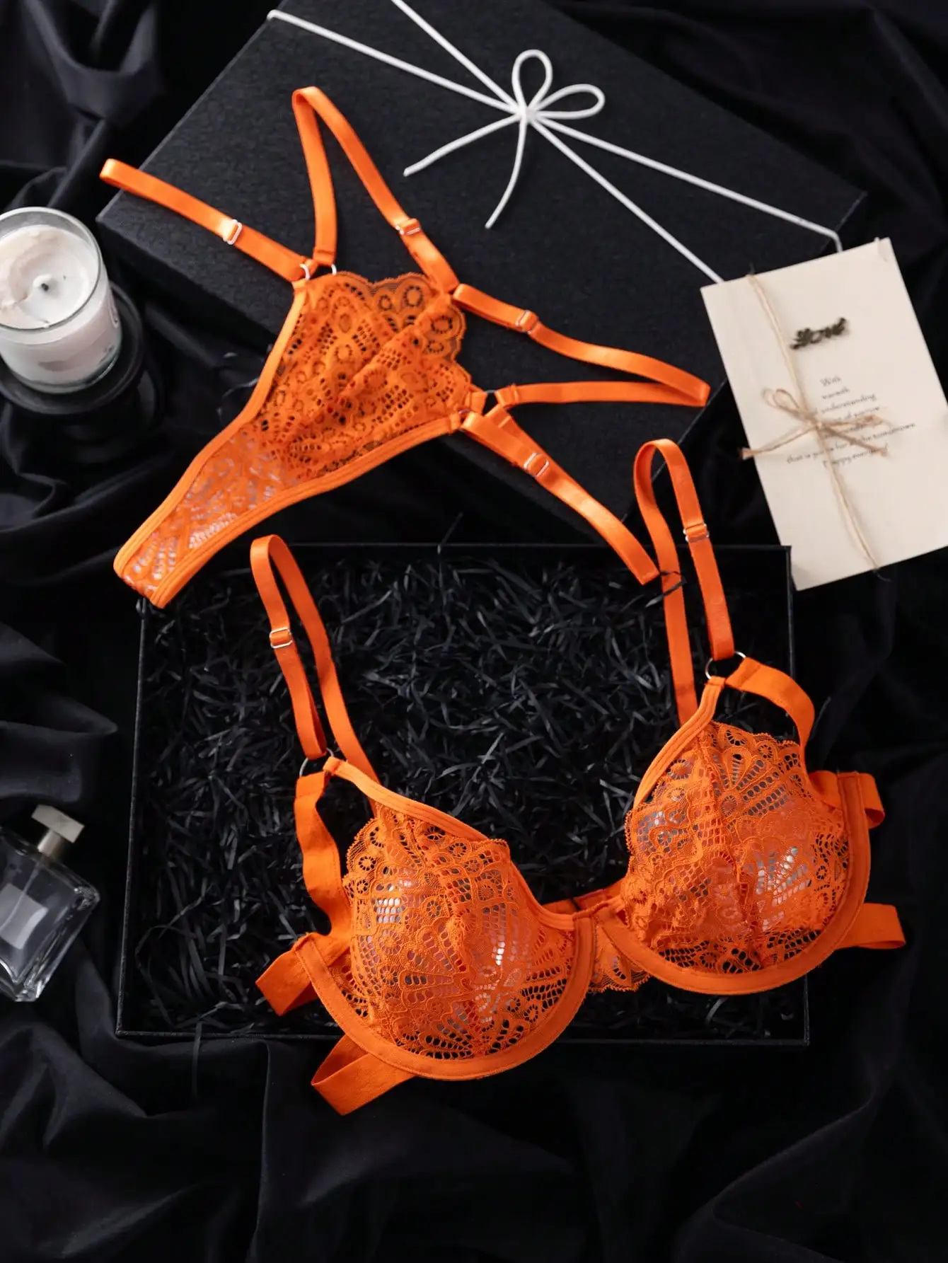 2-Piece Orange Lace Underwire Bra Set with Satin Straps
2-Piece Orange Lace Underwire Bra Set with Satin Straps