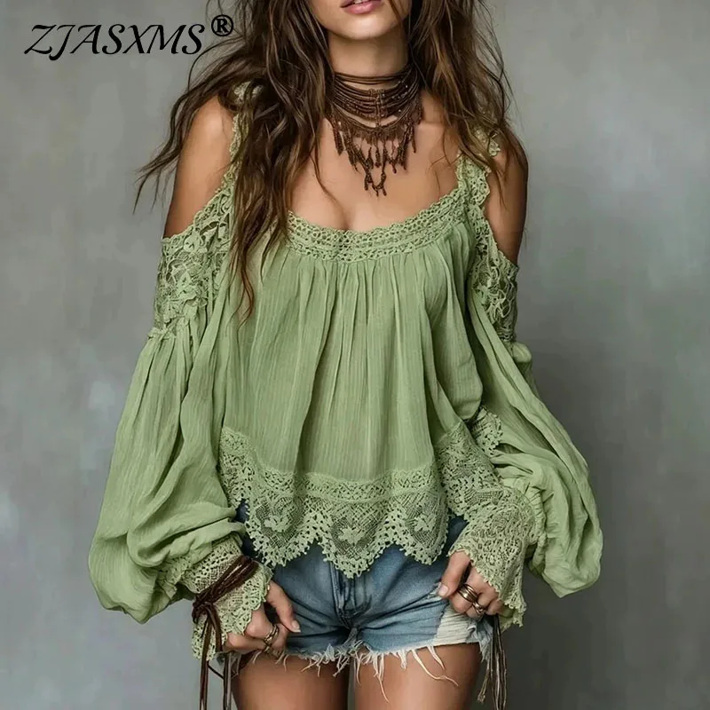 Vintage Solid Crochet Lace Off Shoulder Top Women Thin Straps Puff Balloon Sleeve Ruffle Flowy Blouse Chic Country Holiday Shirt
Vintage Solid Crochet Lace Off Shoulder Top Women Thin Straps Puff Balloon Sleeve Ruffle Flowy Blouse Chic Country Holiday Shirt