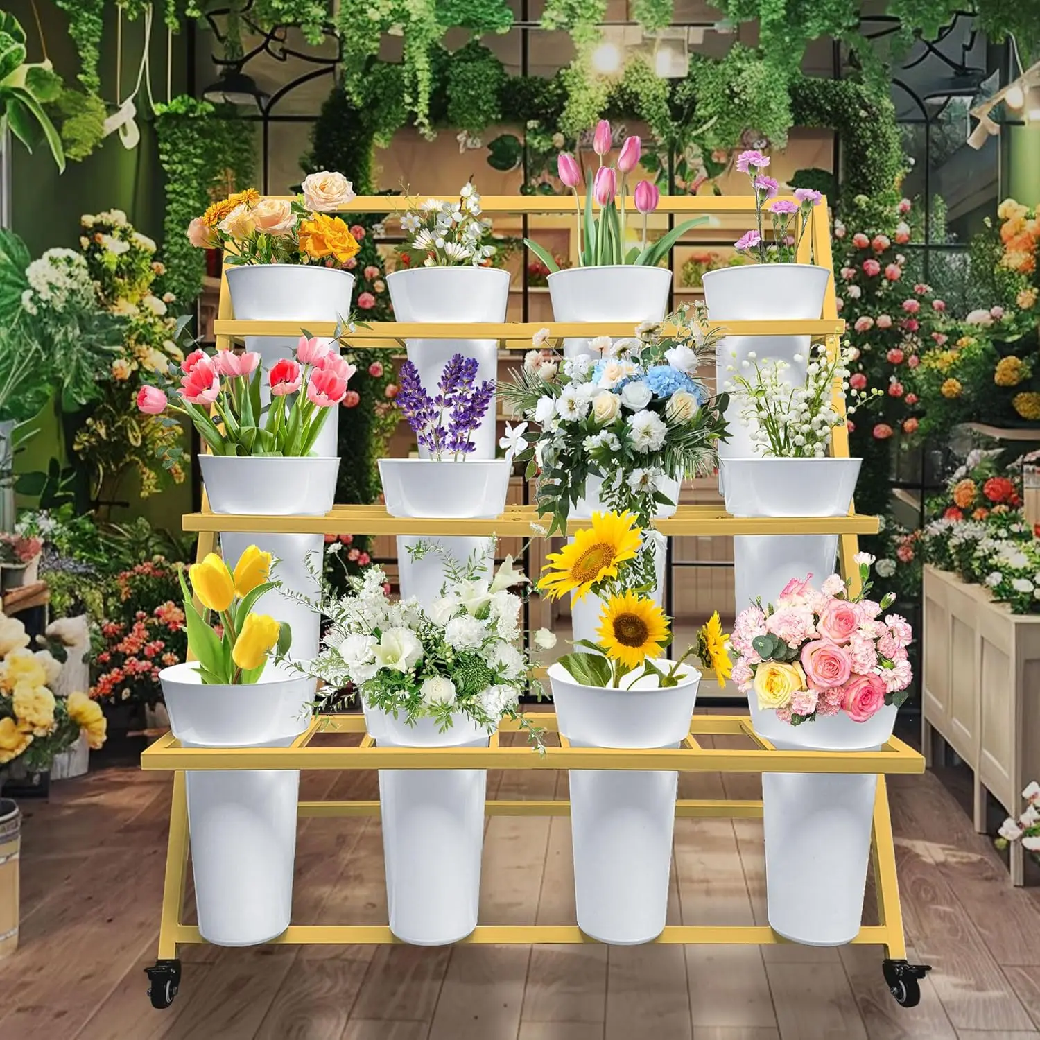 Flower Display Stand with 12 Buckets, Flower Cart 3 Layers, Flower Stand Metal with Wheels,
Flower Display Stand with 12 Buckets, Flower Cart 3 Layers, Flower Stand Metal with Wheels,