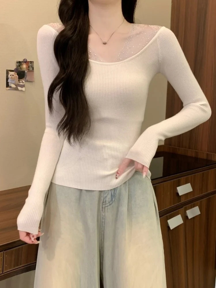 White Long Sve Knitted Base irt Women's Heavy Embellied T-irt Autumn Winter Slimming Top Sweet Sle Ci Walk Cotton
White Long Sve Knitted Base irt Women's Heavy Embellied T-irt Autumn Winter Slimming Top Sweet Sle Ci Walk Cotton