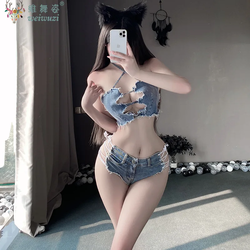 Women's Sexy Playful Denim Shorts Sets Backless Hollow Out Hanging Neck Sleeveless Spicy Top DJ Jazz Dance DS Flirting Uniform
Women's Sexy Playful Denim Shorts Sets Backless Hollow Out Hanging Neck Sleeveless Spicy Top DJ Jazz Dance DS Flirting Uniform