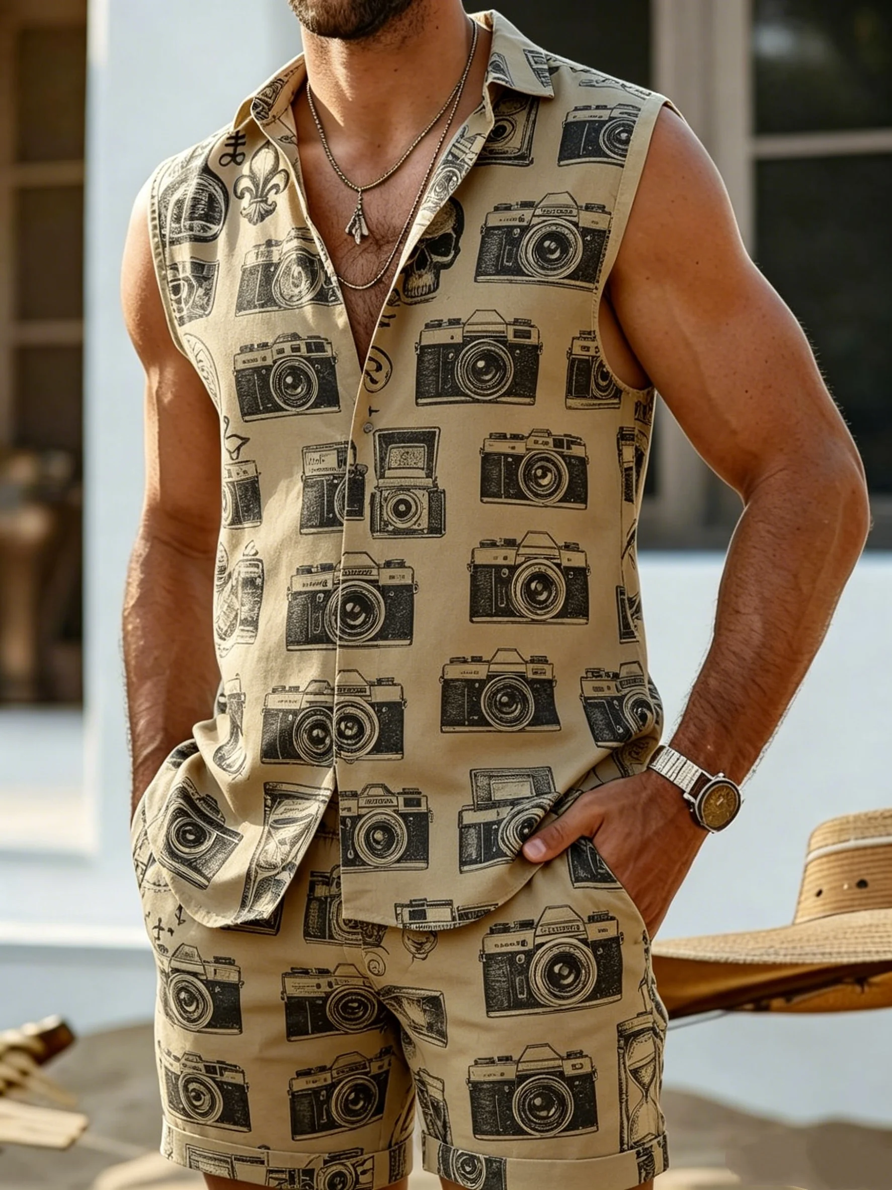 Men's Sleeveless Button-Down Shirt & Shorts Set, Loose Comfort Vintage Camera Print Casual Summer Outfit
Men's Sleeveless Button-Down Shirt & Shorts Set, Loose Comfort Vintage Camera Print Casual Summer Outfit