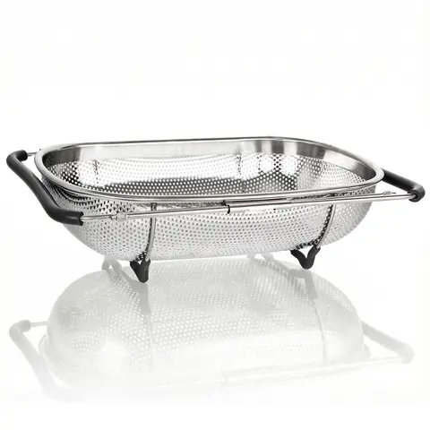 tastyWay 1 Set Stainless Steel Over Sink Colander with Telescopic Handle - Metal Mesh Strainer Basket for Washing Fruits & Veget