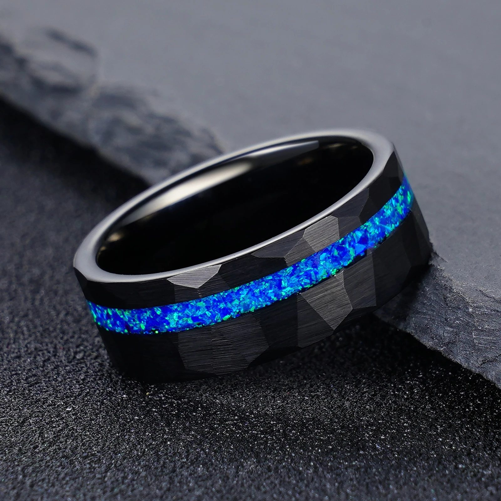 8mm Hammered Black Tungsten Ring with Blue Opal Inlay Comfort Fit Men's Wedding Band 
8mm Hammered Black Tungsten Ring with Blue Opal Inlay Comfort Fit Men's Wedding Band