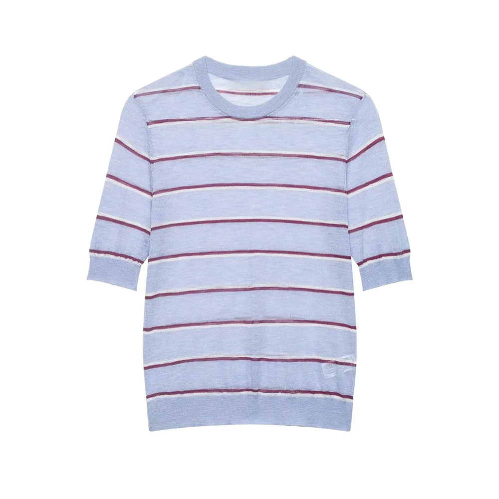 2026 new women's French style design casual short sleeved round neck striped ultra-fine knitted top
2026 new women's French style design casual short sleeved round neck striped ultra-fine knitted top