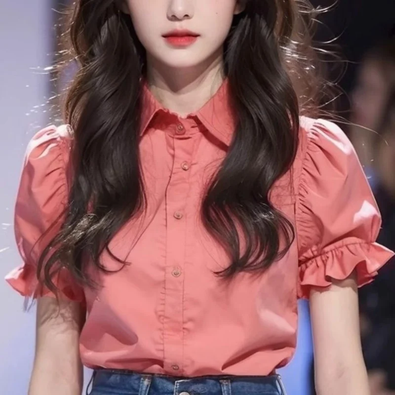 Summer New Fashion Peter Pan Collar Puff Short Sleeve Loose Solid Color Women's Wear Office Lady Single Breasted Shirt
Summer New Fashion Peter Pan Collar Puff Short Sleeve Loose Solid Color Women's Wear Office Lady Single Breasted Shirt